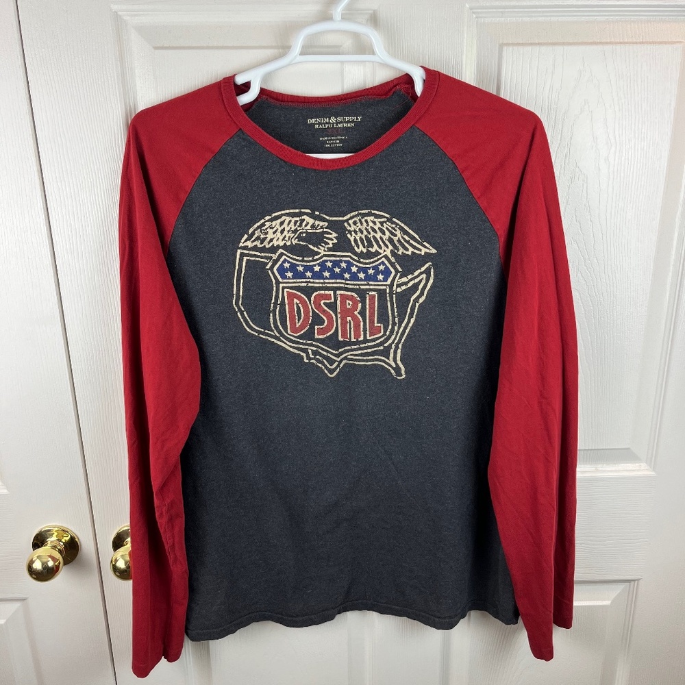 Men's Denim & Supply Ralph Lauren Eagle Raglan Top Red Gray 2XL